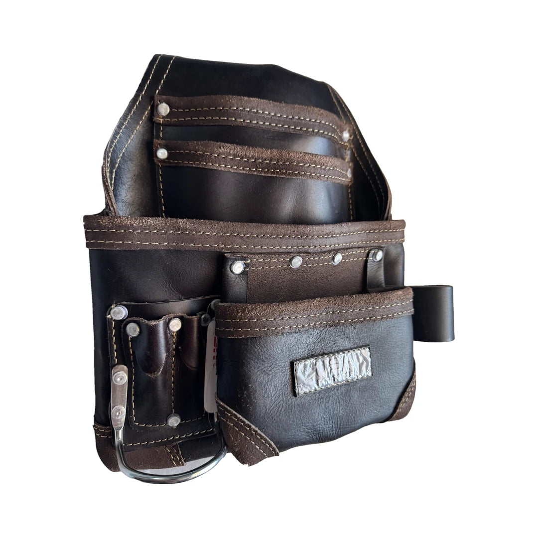 Bolsa de herramientas de cuero USA Pro Tools SST-1256, vista de lado con porta martillo de metal