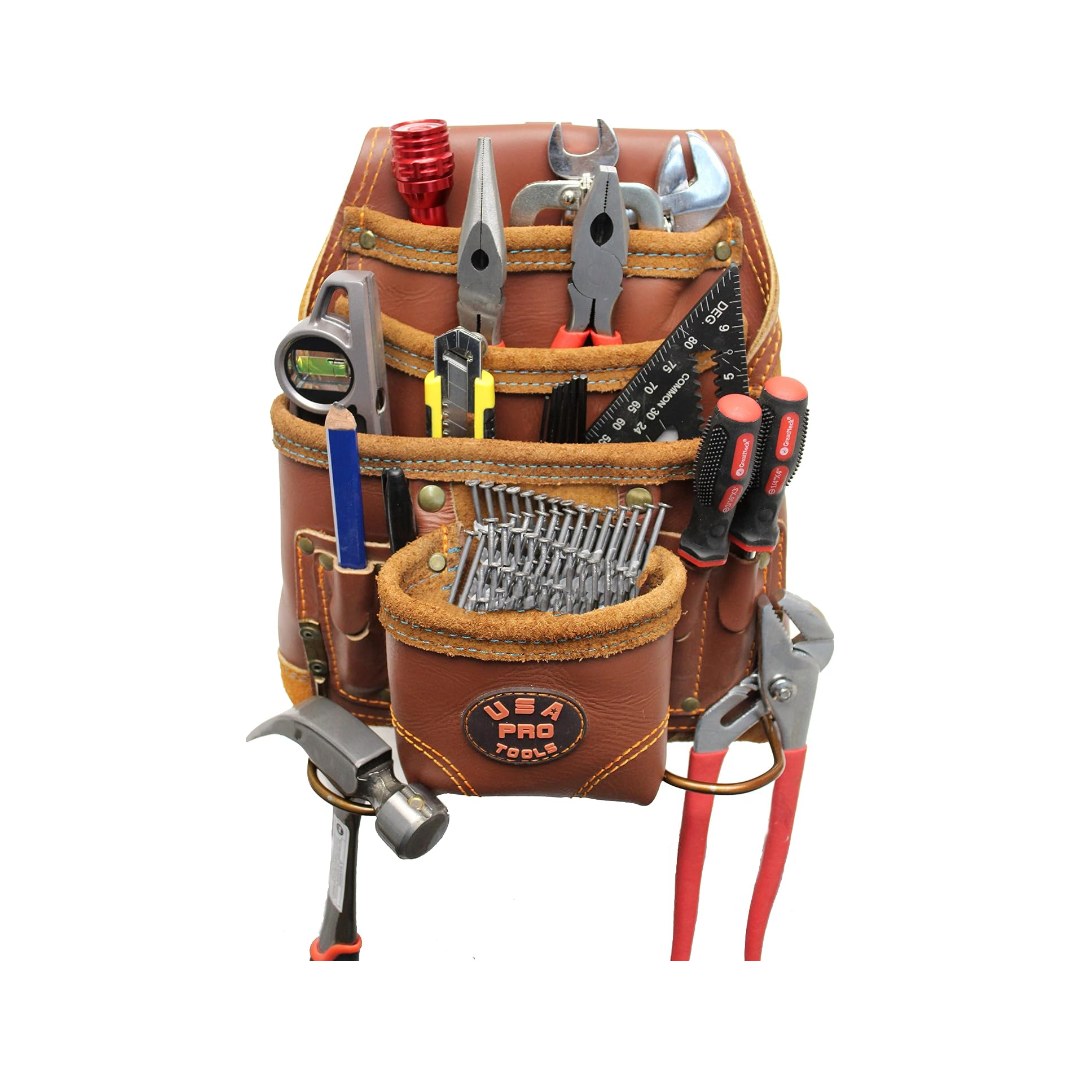 Bolsa de cuero USA Pro Tools marrón con herramientas