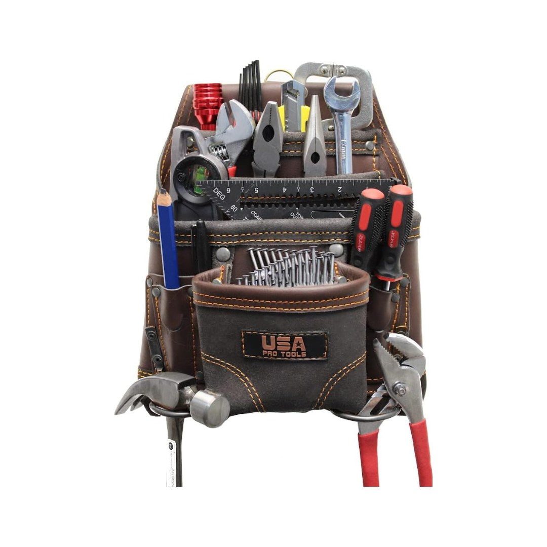 Bolsa de cuero USA Pro Tools marrón oscuro con herramientas