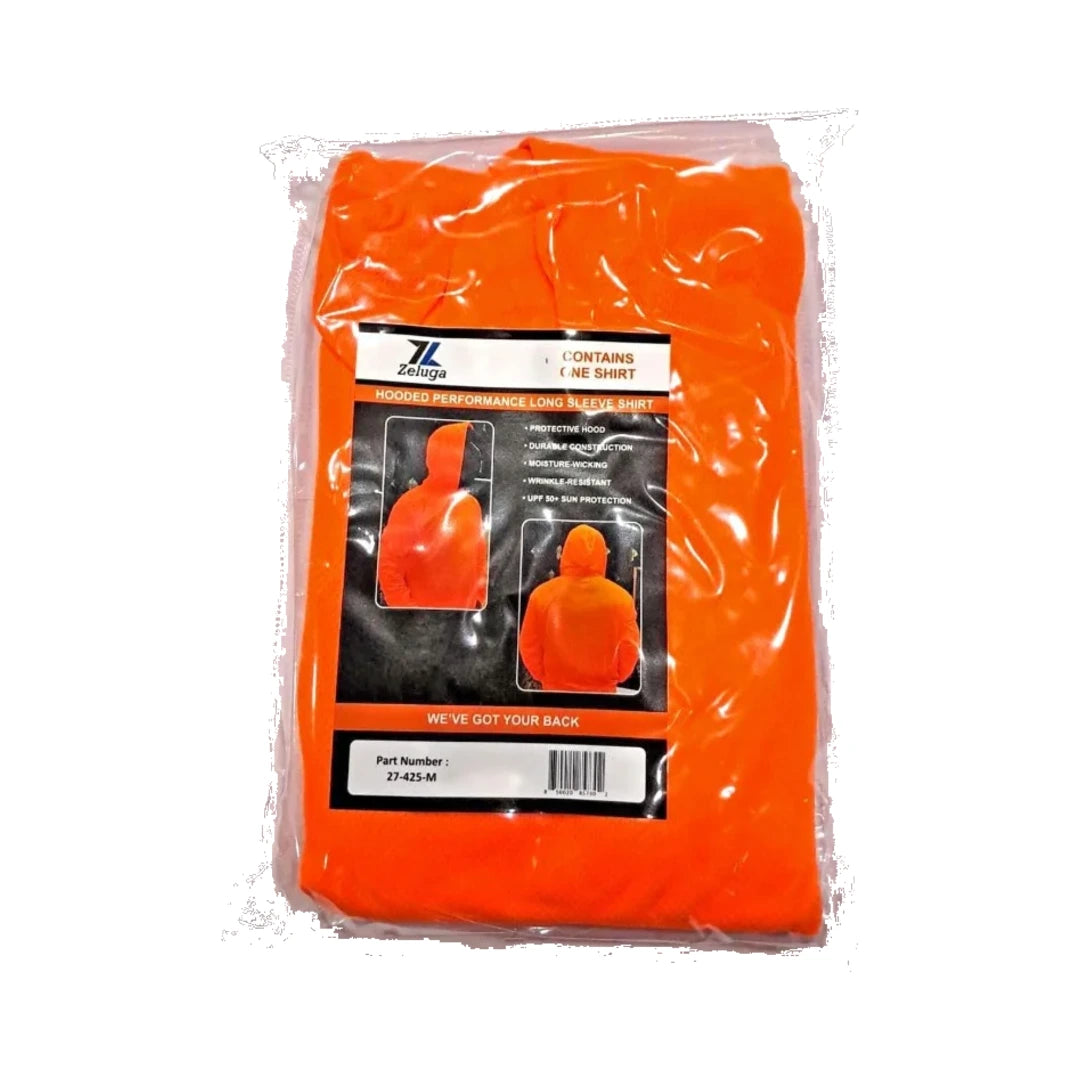Camisa con capucha Zeluga naranja en su empaque