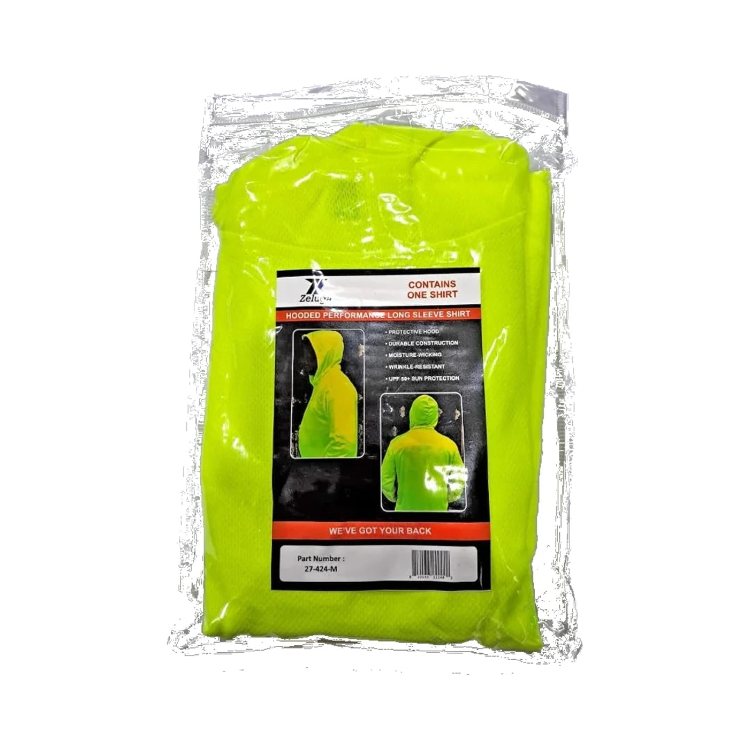 Camisa con capucha Zeluga verde neón en su empaque