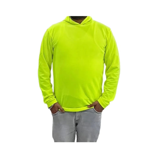 Camisa con capucha de alta visibilidad UPF 50+ verde neón, vista de frente