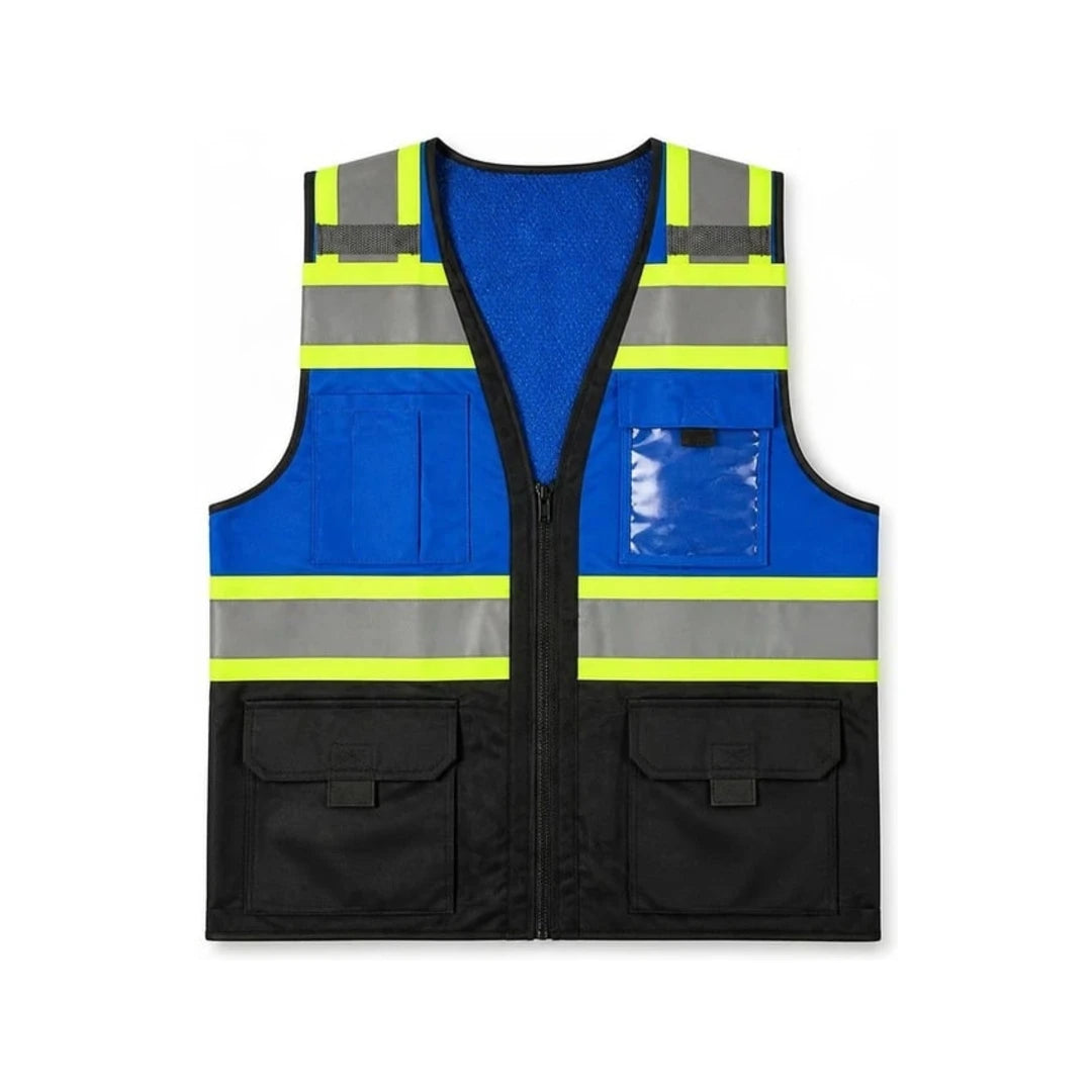 Chaleco de seguridad azul rey con negro, vista frontal con bolsillos