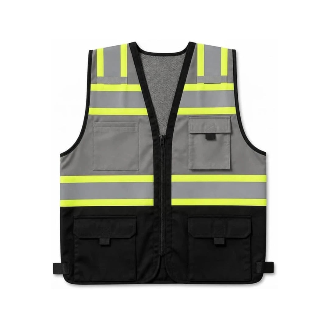 Chaleco de seguridad gris con negro, vista frontal con bolsillos