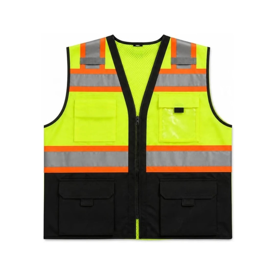 Chaleco de seguridad verde lima con negro, vista frontal con bolsillos