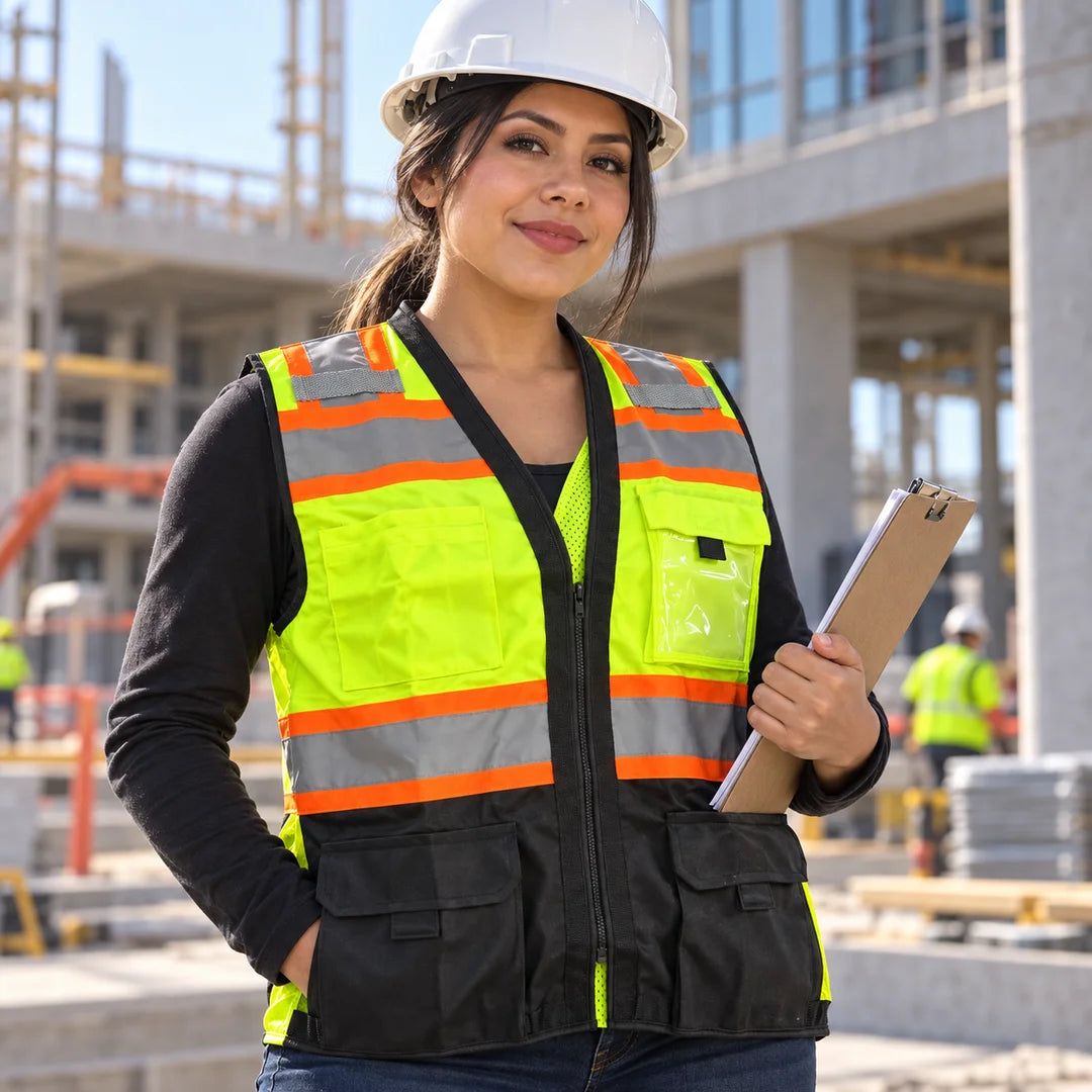 Supervisora de obra usando el chaleco de seguridad verde lima con negro