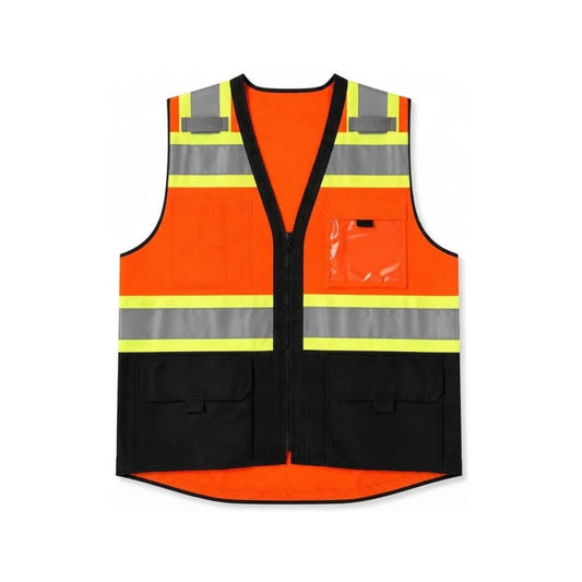Chaleco de seguridad alta visibilidad naranja con negro, vista frontal con bolsillos