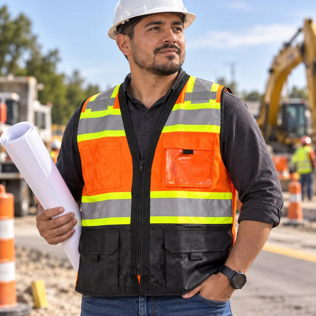 Trabajador de construcción usando el chaleco de seguridad naranja con negro