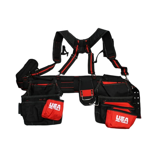 Cinturón de herramientas USA Pro Tools 28 bolsillos con tirantes negro y rojo