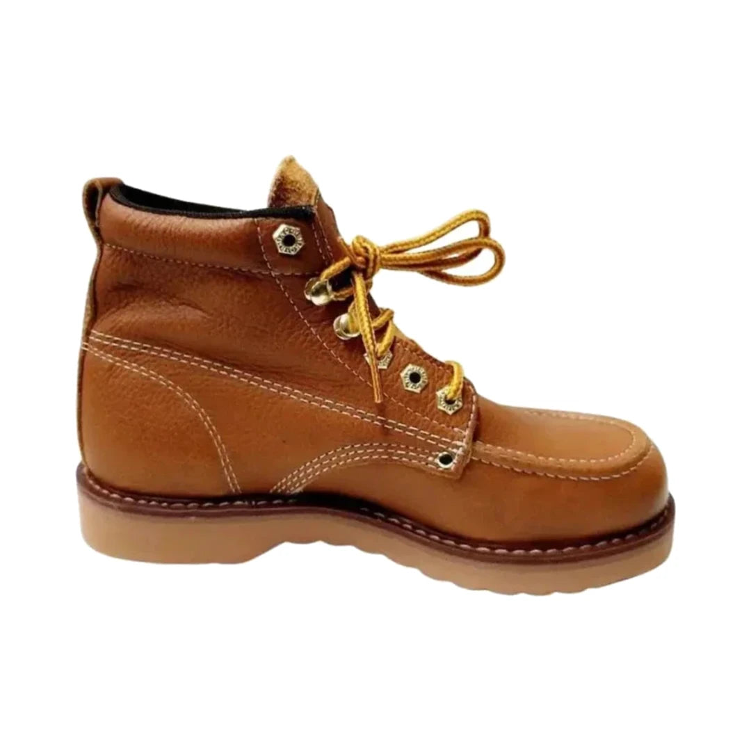 Botas de trabajo de cuero camel con cordones amarillos y costuras laterales