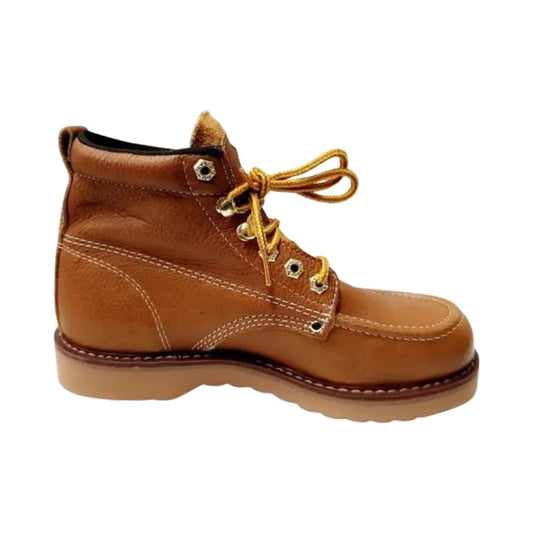 Botas de trabajo de cuero camel con cordones amarillos y costuras laterales