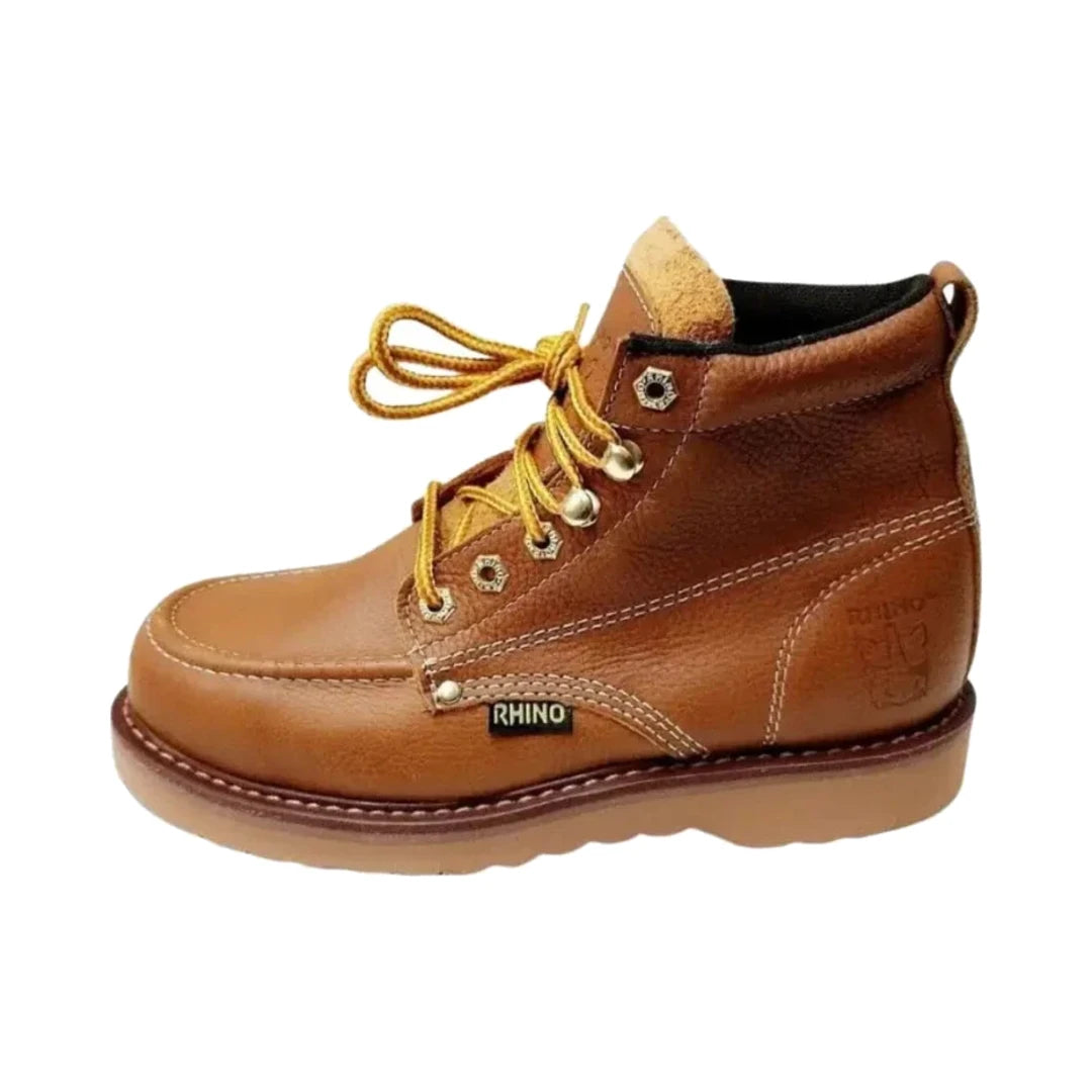 Botas de trabajo de cuero camel con cordones amarillos, talón acolchado y logo Rhino