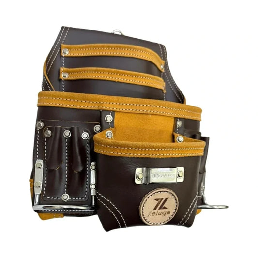 Zeluga 20-164 Morral de Herramientas de Cuero Resistente 10 Compartimentos Café